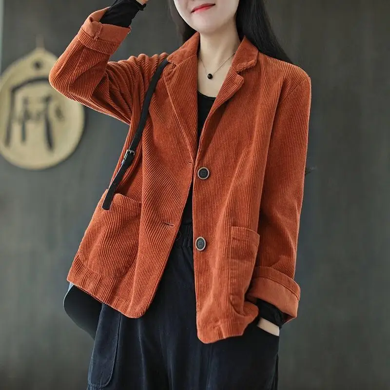 Spring Autumn Women Vintage Corduroy Casual Streetwear Pockets Notched Blazers Female Simple Solid Long Sleeve Loose Suit Jacket