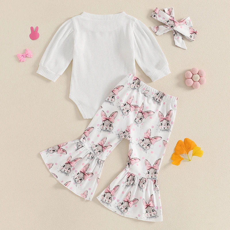 Adorable Toddler Easter Outfits Bunny Ear Print Romper Bell Bottoms Headband 3-Piece Clothing Set for Baby Girls