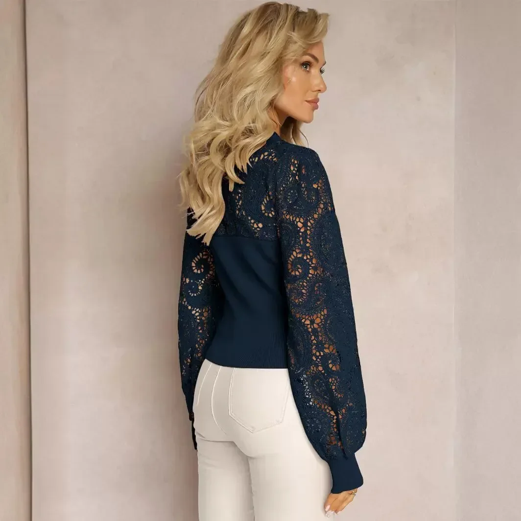 PopPop2024 جديد المرأة طويلة الأكمام تي شيرت أنيق المعرفة نمط الجوف خارج سترة بدون ياقة الراقية يشعر للتنقل #4