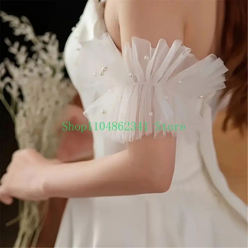 652F 2Pcs Tulle Bridal Arm Sleeves Faux Pearls Embellishment Covers For Special Day