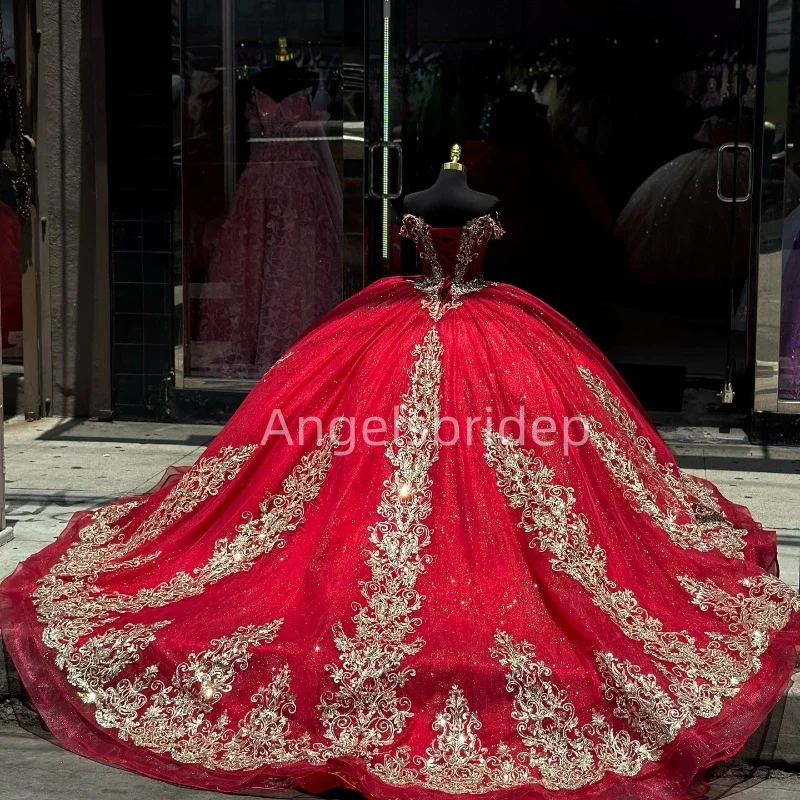 Angelsbride Gorgeous Red Ball Gown Quinceanera Dress With Gold Appliques Lace Beads Crystal Vestidos 15 De XV Años