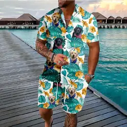 Palm Tree Cat Dog 3D Print Men Shirt Sets Short Sleeve Shirt Oversized Casual Beach Shorts Streetwear Hawaiian Suits Clothes