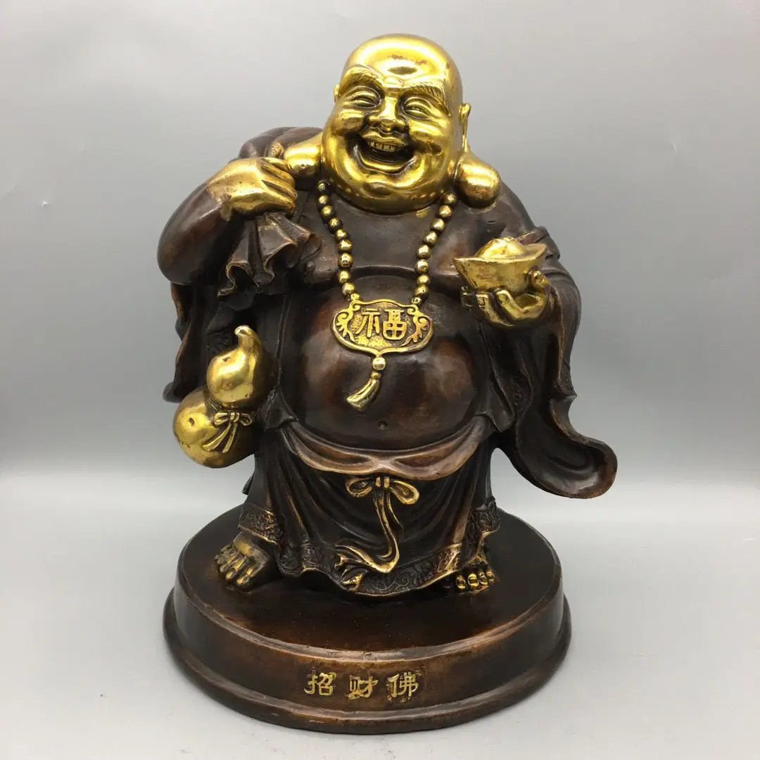Antique bronze collection, with base to attract wealth Maitreya Buddha exquisite craftsmanship, mellow pulp, complete shape