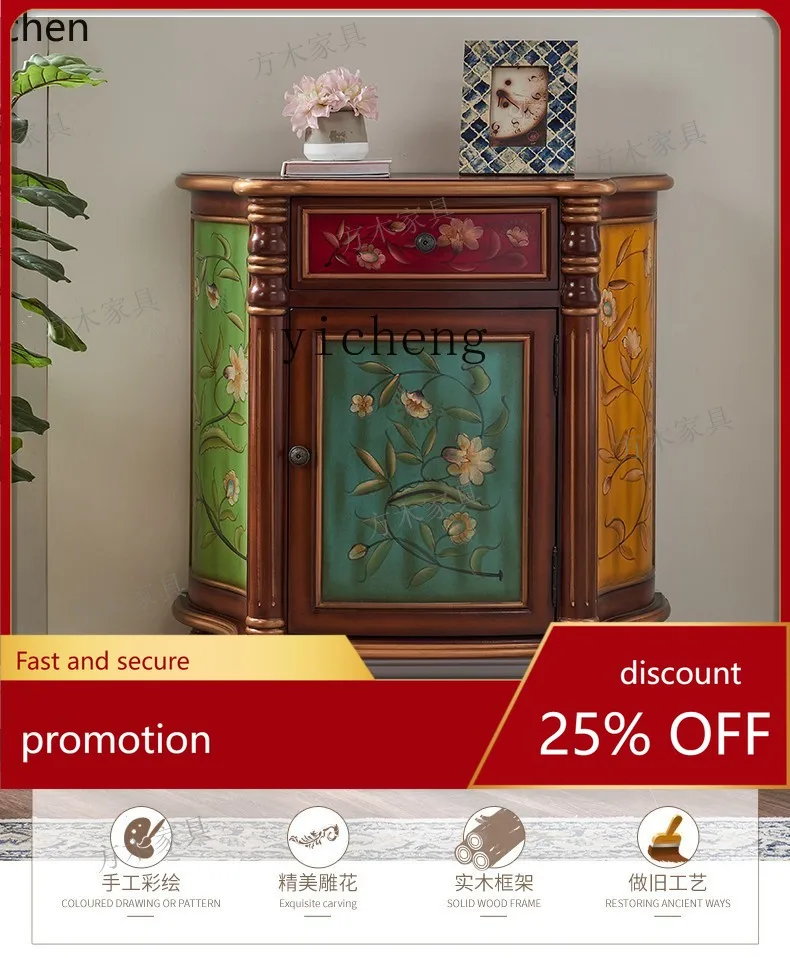 

ZML Entrance Cabinet Solid Wood American Country Semicircular Entrance Cabinet Locker Wall Decorative Side Cabinet