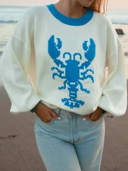 Women Loose Knit Sweater Letter/Lobster/Bowknot Prints Long Sleeve Round Neck Pullovers Knitwear Fall Winter Casual Jumpers Tops