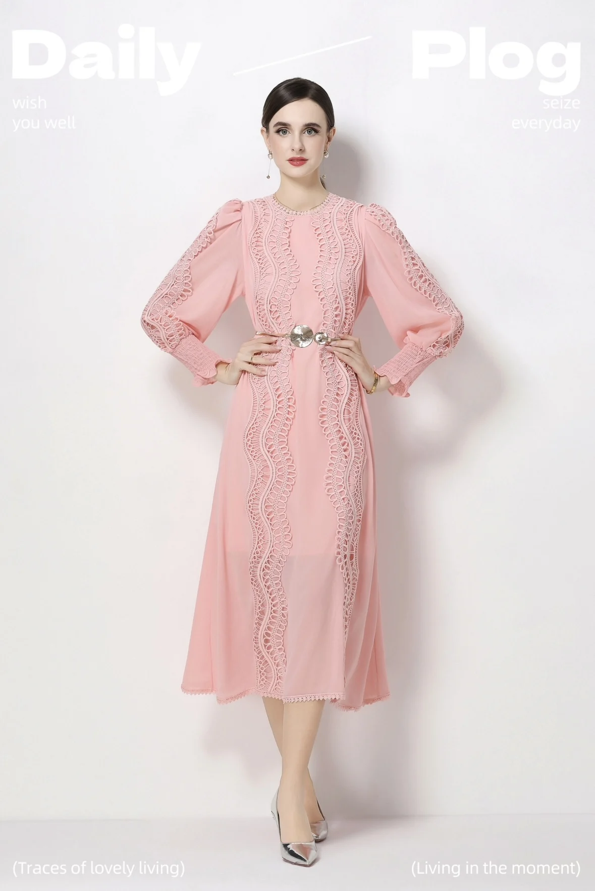

Elegant Embroidered Lace Spliced Chiffon Long Dress with Lantern Sleeves High Waist Belt Fashionable Summer Chic Women's Fashion