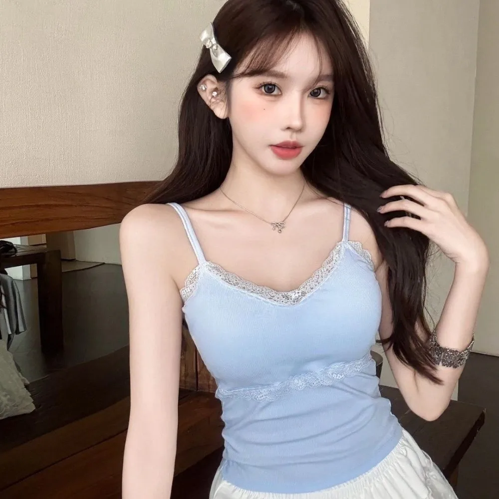 

Elegant V Neck Lace Camisole Slim Fit Sleeveless Crop Tops Y2K Ins Tanks Suspender Vest Beach