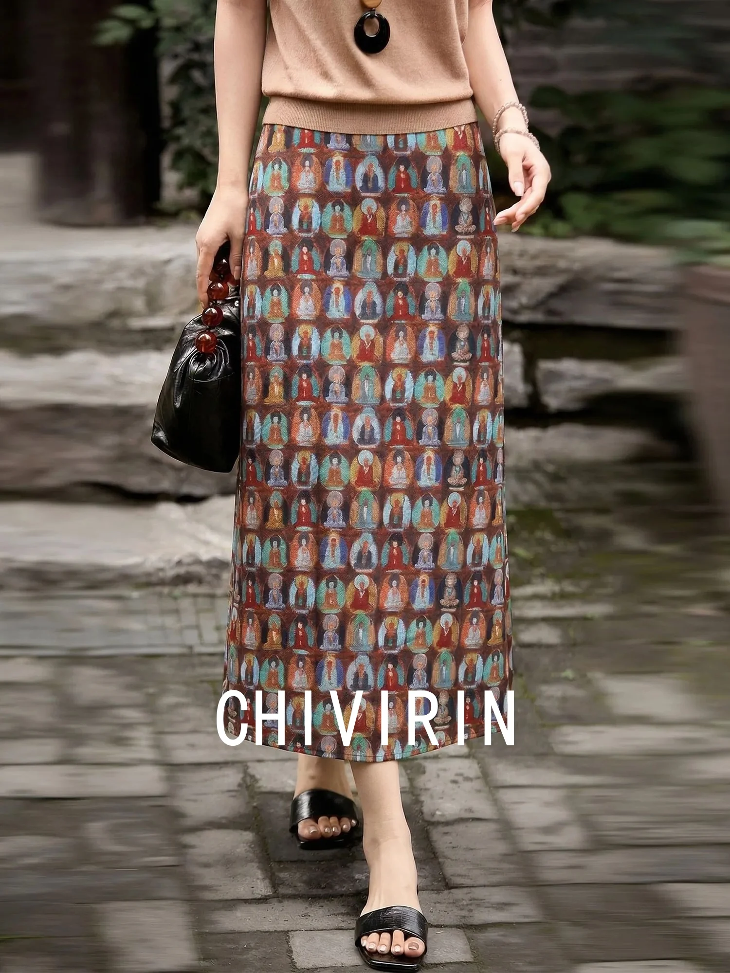 

Элегантная винтажная прямая юбка миди с принтом, женская летняя юбка с высокой талией для офиса, высококачественные юбки Chivirin из полиэфирного волокна