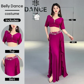 Belly Dance Workuit ฝึกเสื้อผ้าด้านบนและกระโปรง 2 ชิ้นชุดการฝึกอบรมชุดสําหรับผู้ใหญ่ผู้หญิงเต้นรํา STAGE Performance