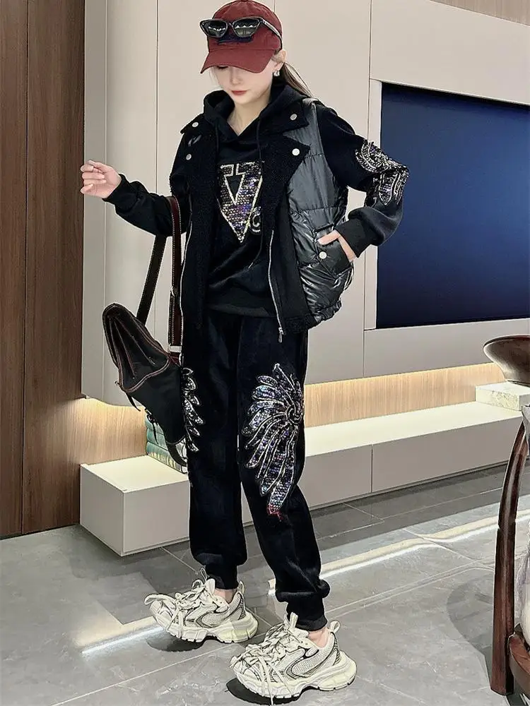 

Зимний бархатный толстый женский модный комплект из трех предметов с вышивкой в тяжелой промышленности, золотой бархатный жилет + толстовка + брюки