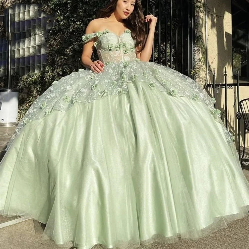 

Off Shoulder Princess Quinceanera Dresses 3D Floral Ball Gowns For Women Lace And Satin Prom With Train Sweet 16 Dress Vestidos