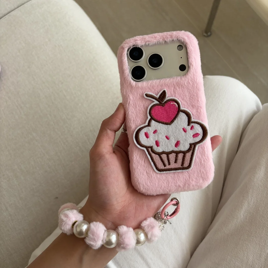 

Embroidered Plush Cherry Cake Phone Case For iPhone 13 15 16 17 14 Pro Max Warm Winter Fluffy Fur Soft Back Cover with bracelet