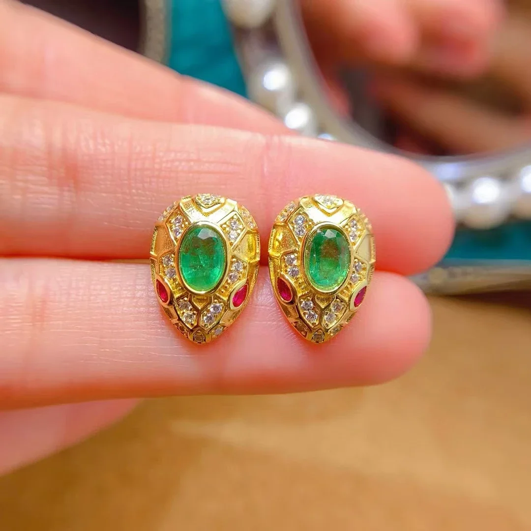 Pure 925 Silver Emerald Stud Earirngs 4mm*6mm Natural Emerald Earrings Allergy Free 18K Gold Plated Gemstone Jewelry