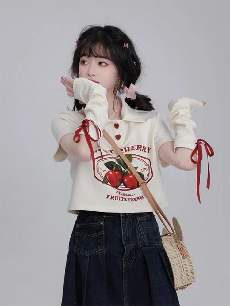 Japanese Cute Crop Top Cherry Print T-shirts OverSleeve Kawaii Women All Match Loose Y2k Aesthetic Tees Harajuku Shirts