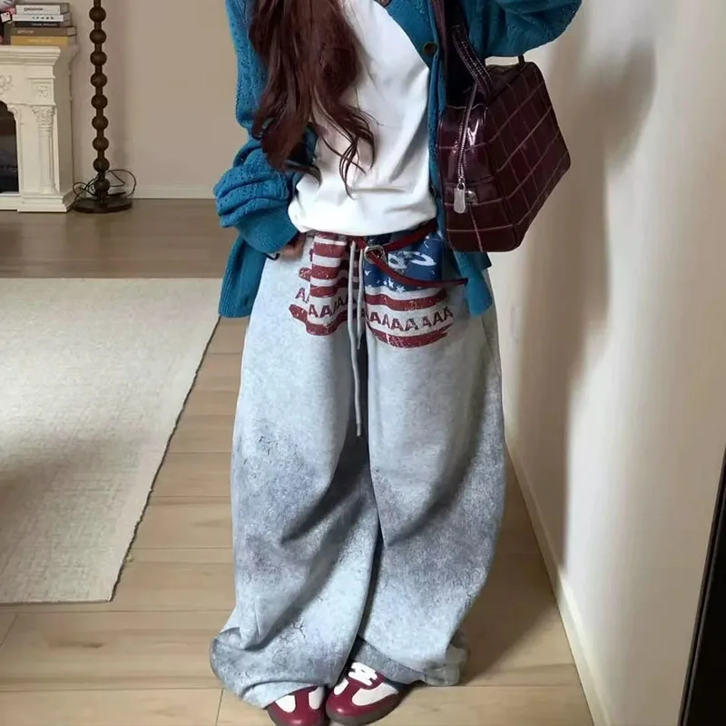 Fashion Street Trend Straight Trousers American Dirty Dyed Creative Make Old Print Loose Pants Hip Hop Autumn Winter Y2K Slacks
