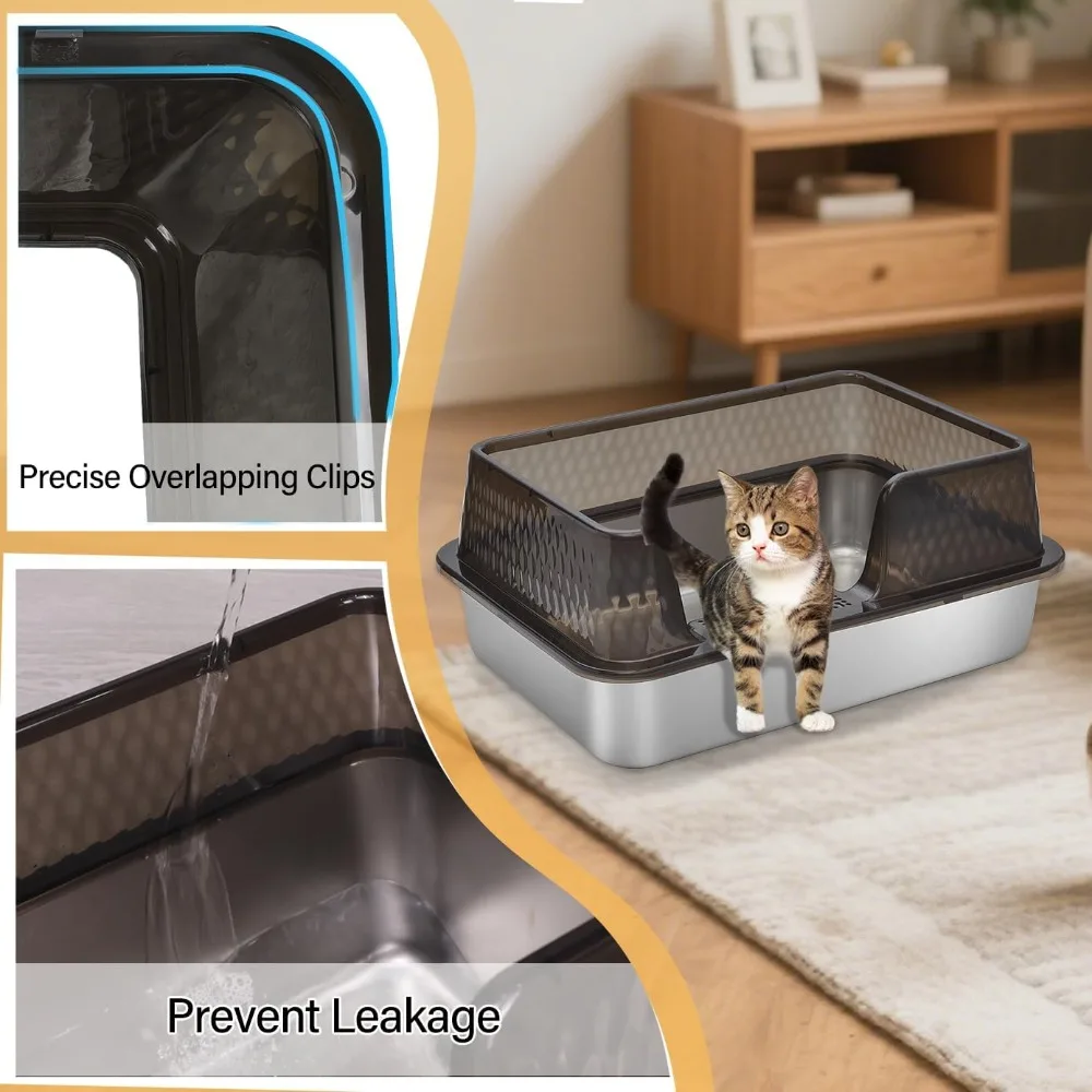 

Medium Low Entry Enclosed Stainless Steel Cat Litter Box with lid Scoop and Pads Easy Clean Kitten Kitty Transparent