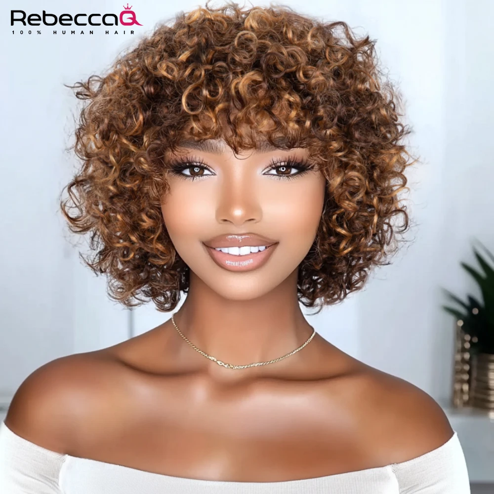 

Highlight Colored Short Kinky Curly Wig With Bangs For Women 180 Density Full Machine Made Human Hair Fluffy Curly Wig Cheap Wig