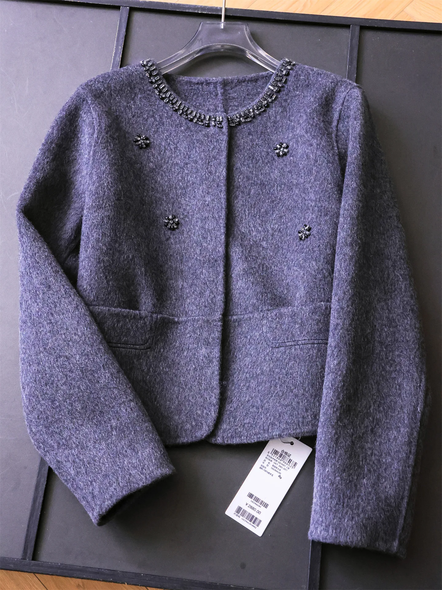 

Double-Faced Woolen Short Coat with Diamond Embellishment round Neck Long Sleeve Commute Slimming Women's Fashion M128