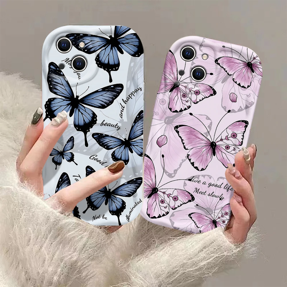 Cute blue retro butterfly 3D Wave Case For iPhone 15 14 13 12 11 Pro Max Mini X XR XSMAX 8 7 6S Plus Soft Silicone Cover