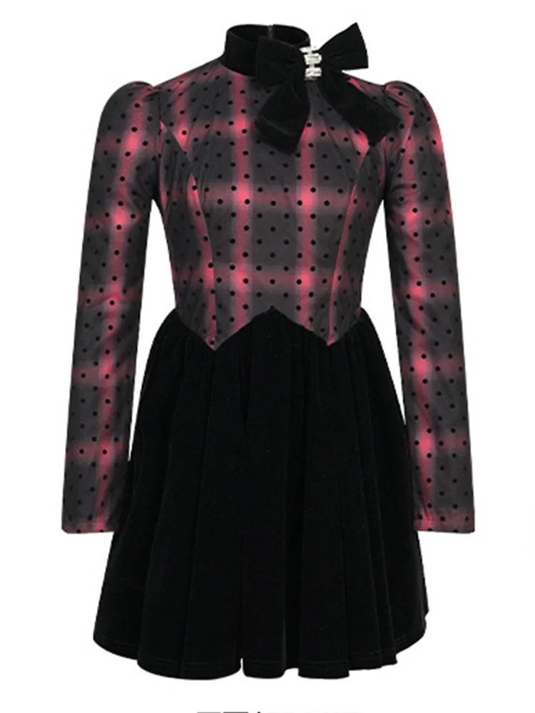 ชุดเดรสสไตล์วินเทจฝรั่งเศสสำหรับผู้หญิง น่ารัก ลายจุด ลายสก็อต ตัดต่อสีดำ ทรงบอลกาวน์ สไตล์คาวาอี้ ชุดเดรสสั้นสำหรับออกเดท เสื้อผ้าผู้หญิง