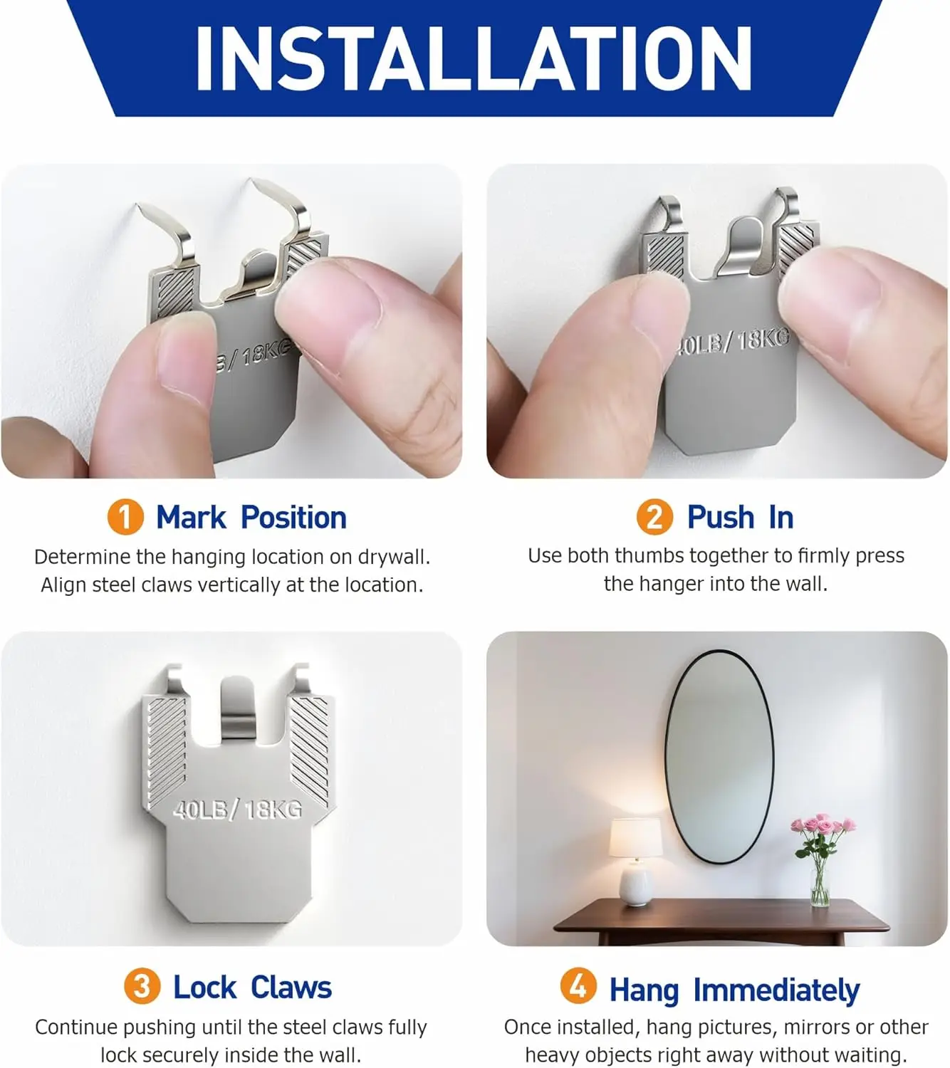 Claw Drywall Picture Hanger Wall Hooks for Hanging Picture Mirror Photo Poster Kit for Room Office Decor Easy Tool Free Nail view 5