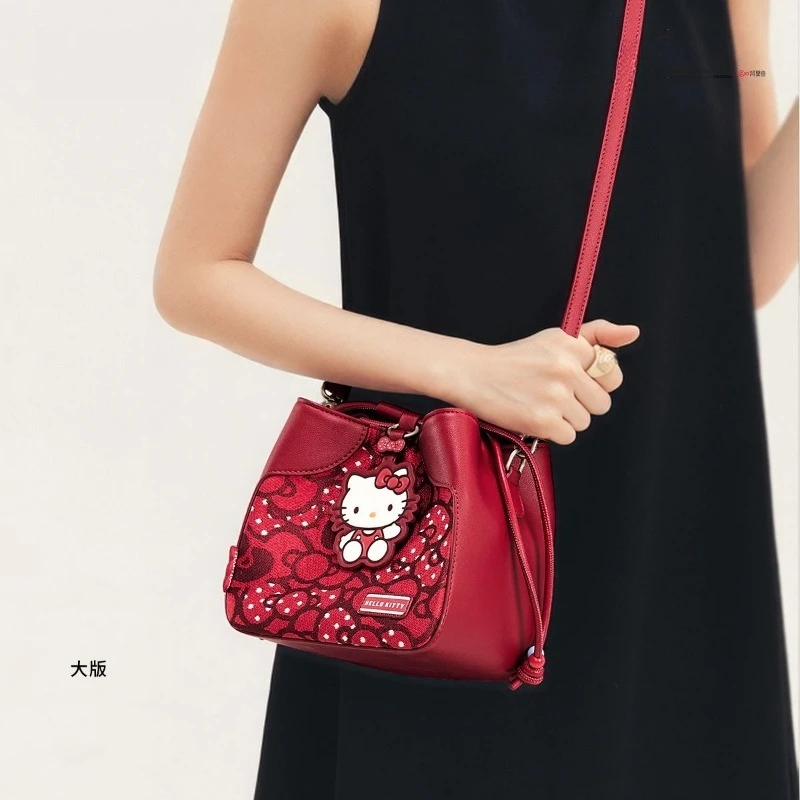 Kawaii Hello Kitty Pleated Dumpling Drawstring Bucket Crossbody Bag Cute Anime Cartoon Women Portable Shoulder Fun Birthday Gift
