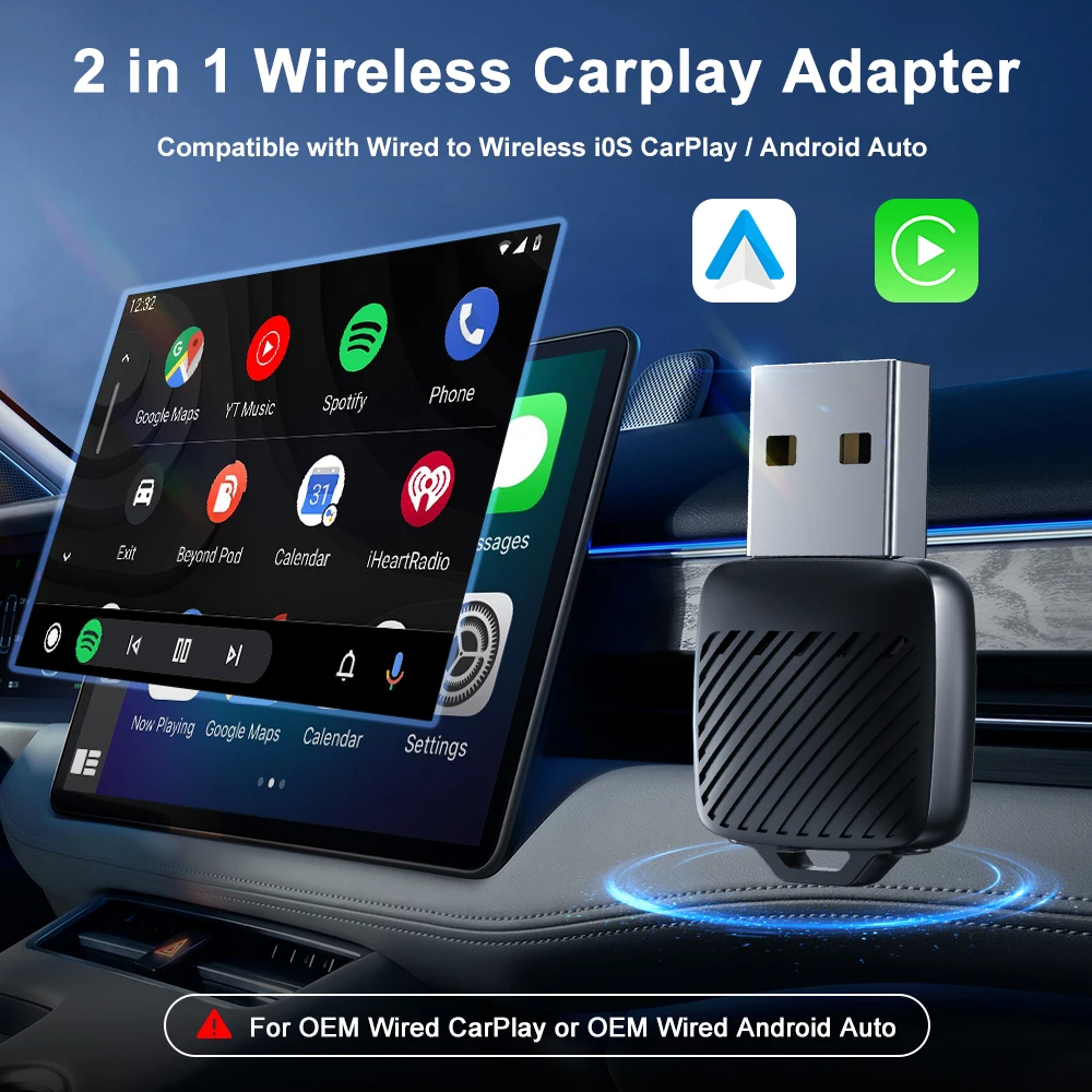 2 in 1 Mini Wireless CarPlay Dongle for OEM Car Radio Adapter Wired to Wireless CarPlay Android