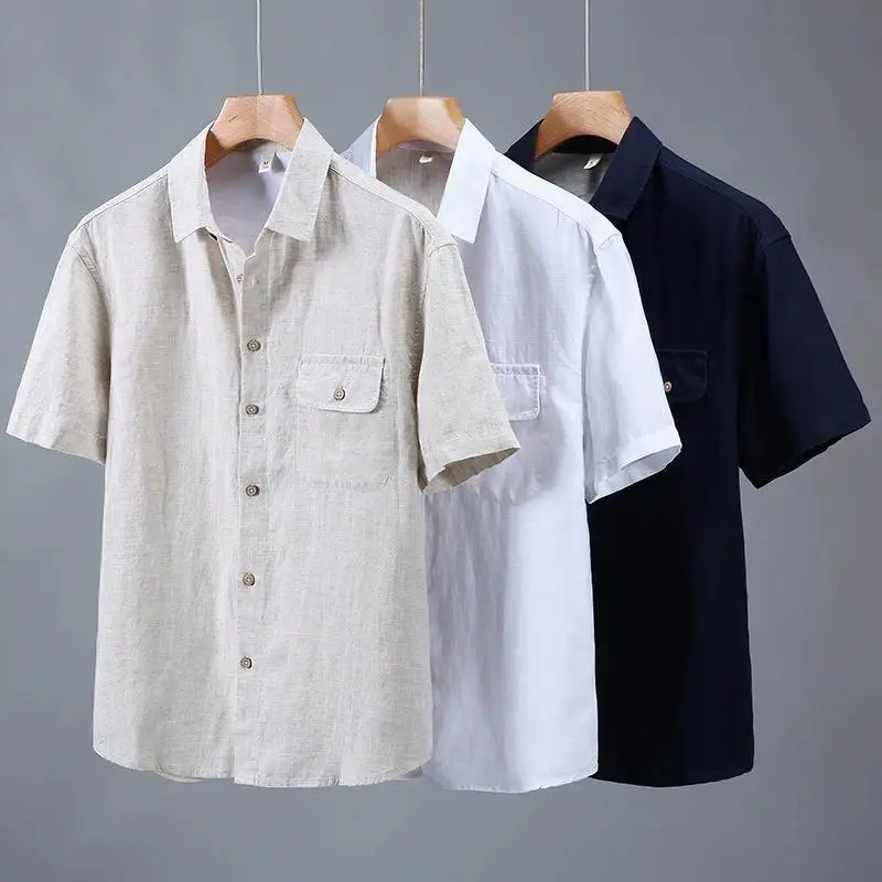 

Мужские рубашки из смеси лиоцелла и льна, с коротким рукавом, однотонные, свободного кроя, летние, качественные, дышащие, повседневные, с карманами, размеры M-3XL