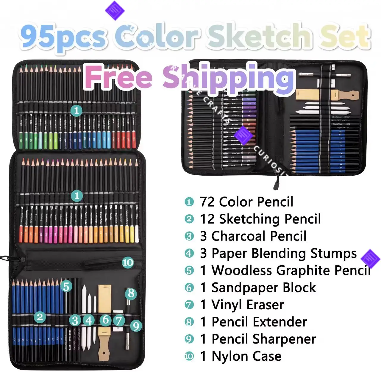 Professional Oily Color Pencil Sketch Set Premium Gift Box Free Shipping Portable Pouch with Charcoal Pencil Blending Stump Art