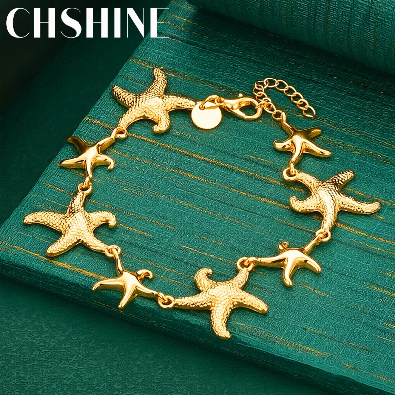 925 Sterling Silver 18K Gold  Mixed Size Starfish Link Bracelet Extension for Women Ocean Inspired Summer Vacation Jewelry