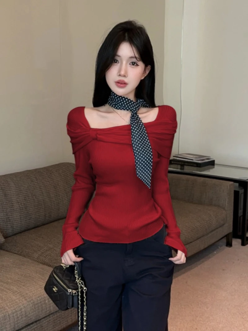 

Red Knot Long Sve Knitted irt Women's Slim Fit Base Layer Top Spring Commute Sle Korean Version Breathable S...