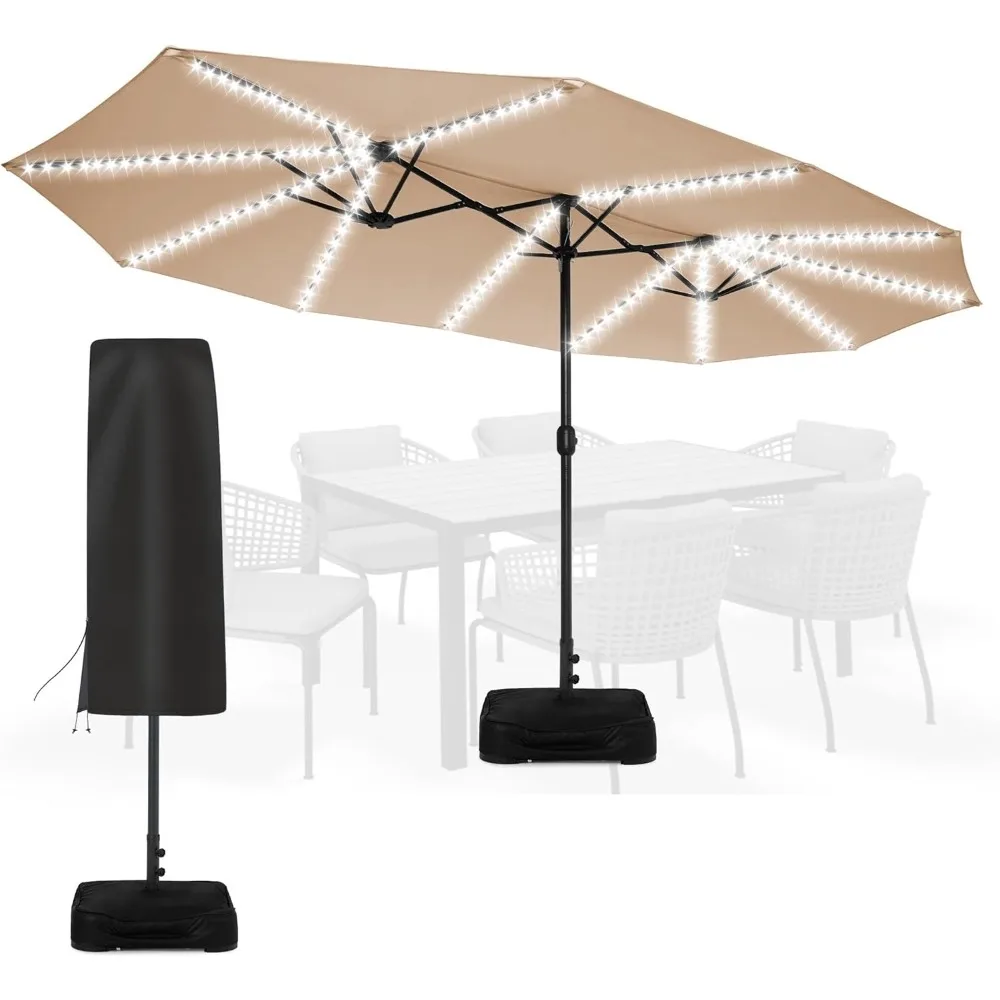 

Sundale Outdoor 144 светодиодные фонари на солнечной энергии 15-футовый зонт для патио с основанием мешка с песком и крышкой, устойчивый к атмосферным воздействиям двусторонний