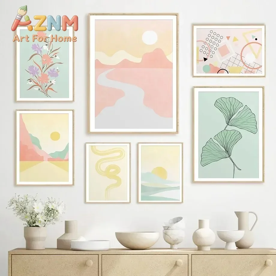 AZNM Boho Abstract Landscape Ginkgo Leaf Canvas Wall Art Pastel Geometric Print Poster for Living Room Bedroom Home Wall Decor