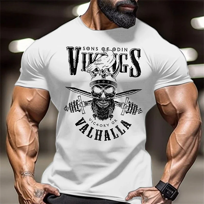 Men's T-Shirt Gym Training Sportswear Skull Weapon Print Retro Oversized T-Shirt Casual Streetwear Tops Round Neck Pullover Tees