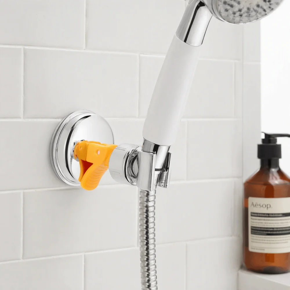 Suction Cup Mount Shower Head Holder Attachable Silver Shower Head Support Base Adjustable Angle Handheld Showerhead Bracket