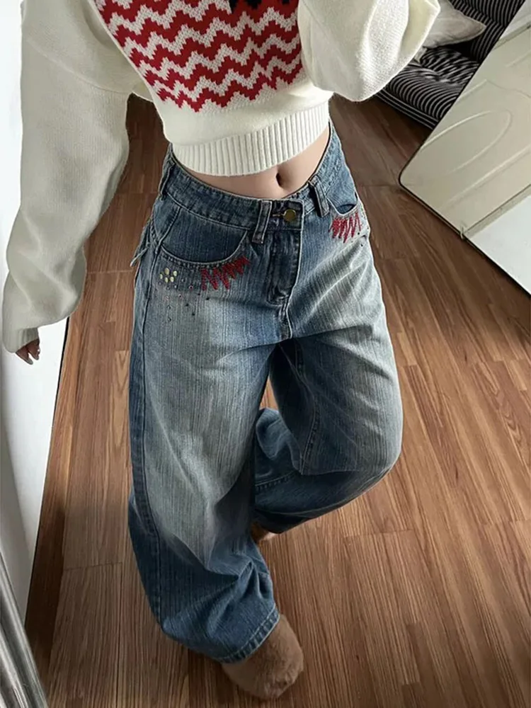 Y2K Pantaloni a gamba larga da donna Jeans ricamati retrò americani lavati invernali dritti larghi