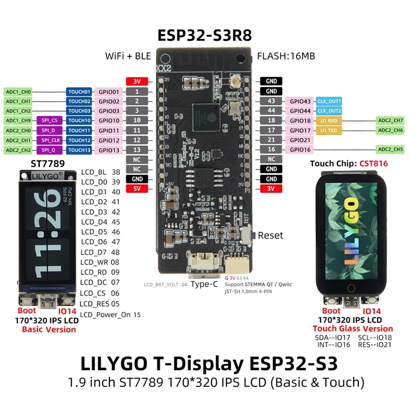 LILYGO T-display-S3-Versi Sentuh, Tampilan Layar 1.9 Inci, Papan Pengembangan ESP32-S3, Inti Pada 240Mhz, Modul Bluetooth Wifi
