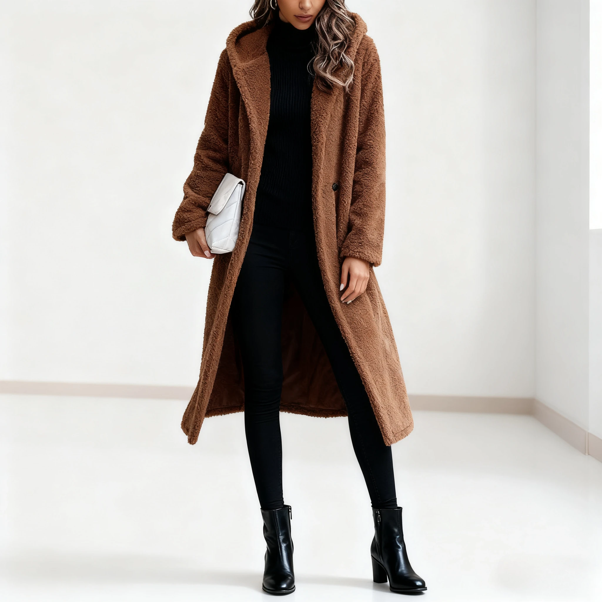 

Hooded Coats Long Coat Women Work Turn Down Collar Warm Thick Work Trench Streetwear Elegant Jackets Open Stith Autumn Winter