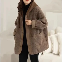 Korean Ladies Join Together Hooded Lamb Plush Jacket Autumn Winter Female Medium Long Styles Coat  Large Size Baseball Outwear