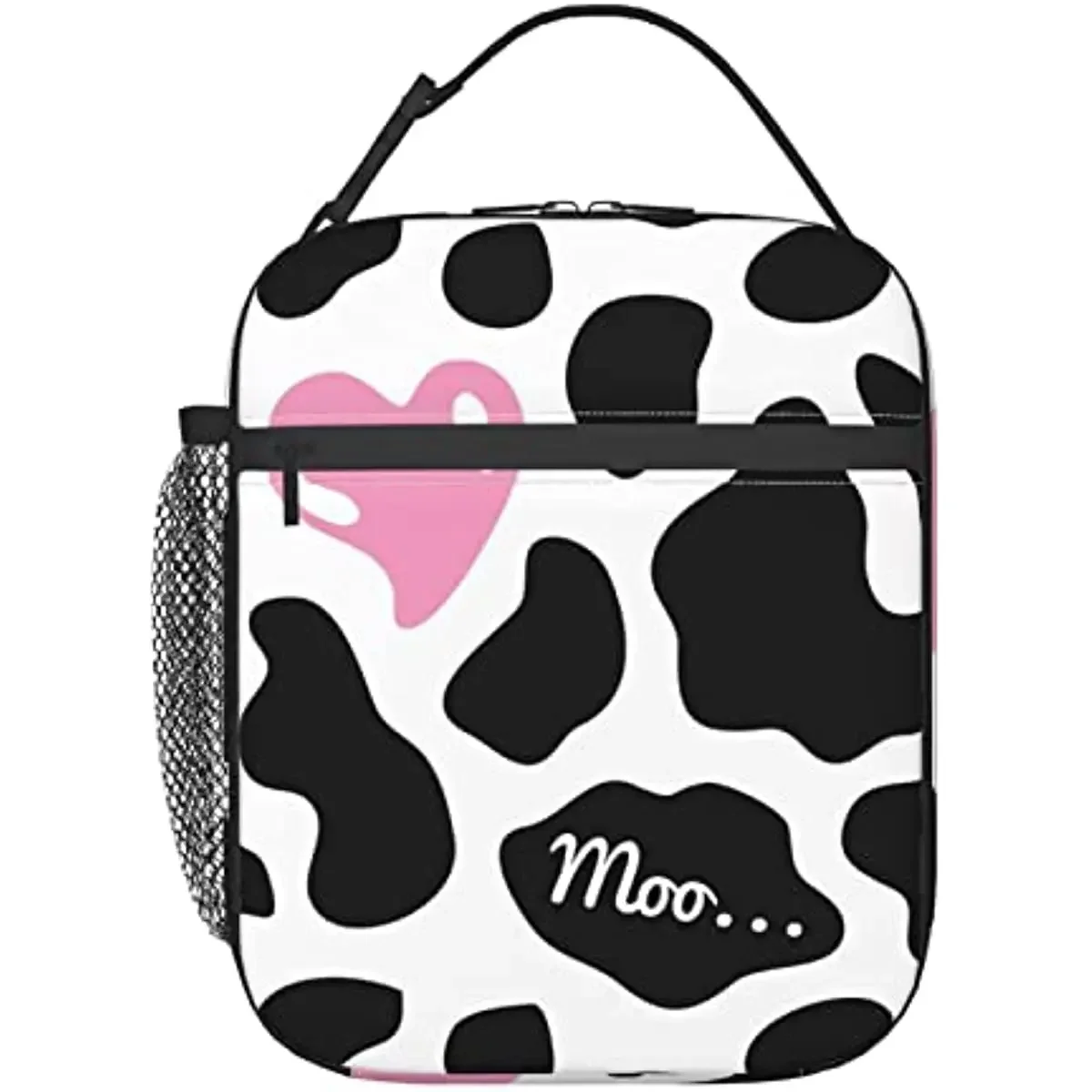 Black White Cow Print Pink Heart Cute Love Portable Lunch Bag Insulated Lunch Box Reusable Cooler Totes for Women Men Adults Kid