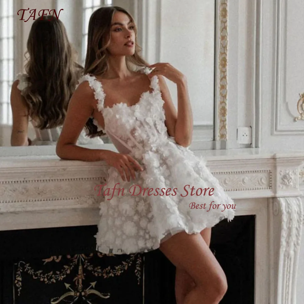 TAFN Spaghetti Straps Short Wedding Dresses Corset Sleeveless A-line Luxury Lace 3D Flowers Bridal Gown Customized