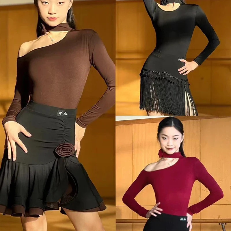 

3 Colors Adult Latin Dance Clothing Samba Rumba Practice Set Latin Dancewear Long Sleeves Tops Women Latin Dance Skirt