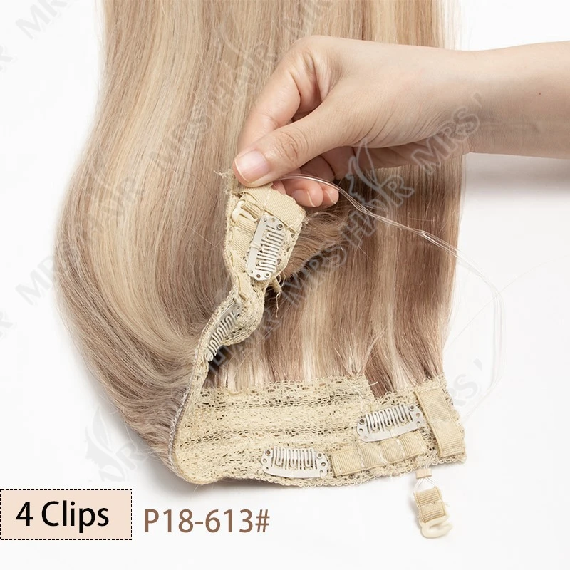 Clip invisibile nelle estensioni dei capelli Linea di filo di pesce per capelli umani 4 clip Posticci naturali reali 12 "-24" Aggiungi clip di volume sui capelli