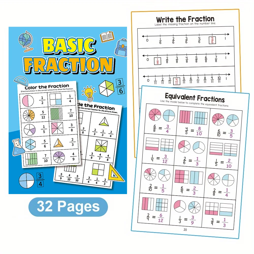 

Рабочая тетрадь по математике Fun Math] Рабочая тетрадь Ratchelli Basic Fractions | Развитие математических навыков для детей 3-5 классов, 32 страницы с красочными иллюстрациями, незаменимо для домашнего обучения и занятий в классе.