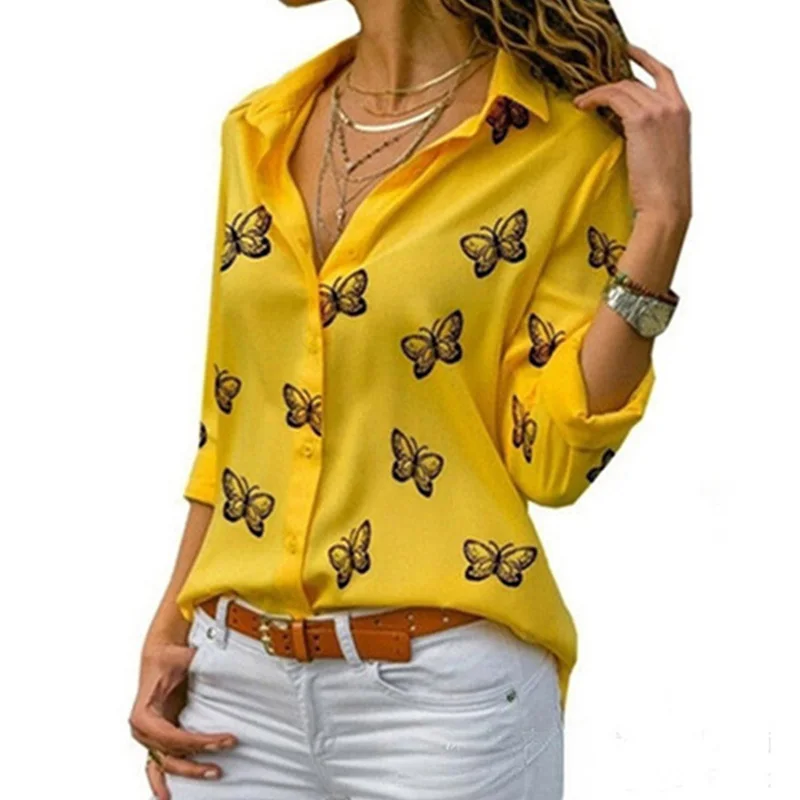 7 Solid Color Butterfly Print Blouse Women\'s V-Neck Button Long Sleeved Top Spring Autumn Casual T-Shirt