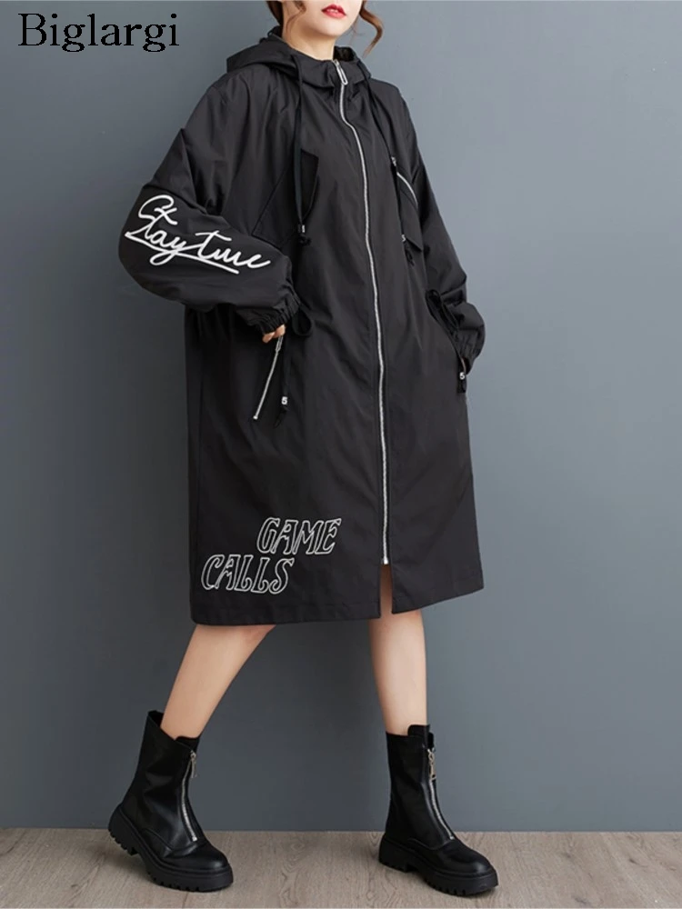 Oversized Herfst Trenchcoat Met Capuchon Vrouwen Brief Onregelmatige Graffiti Print Mode Dames Jassen Casual Losse Vrouw Trenchcoats