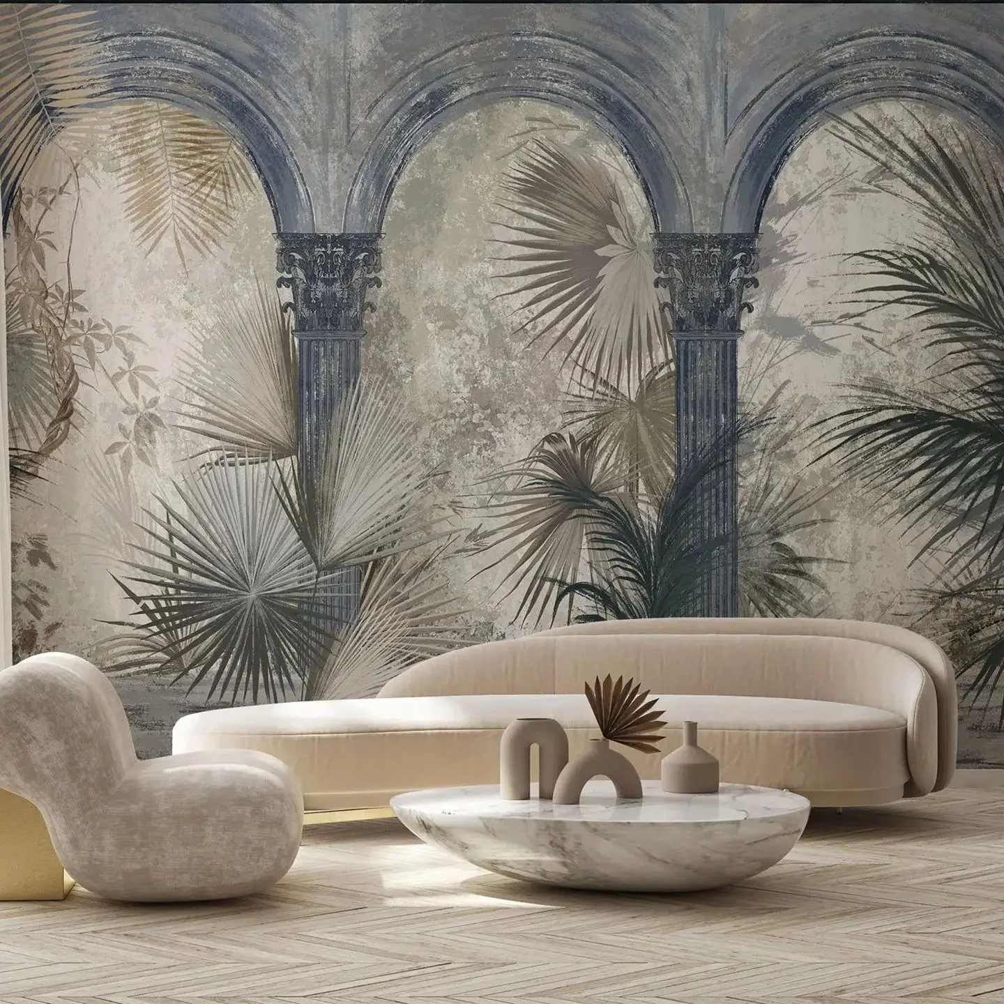 خلفية النباتات الاستوائية الغريبة ، أعمدة القوس التاريخية العتيقة العتيقة جدار جدارية ، التقليد الاستوائي التجريدي غير المنسوجة ورقة #4