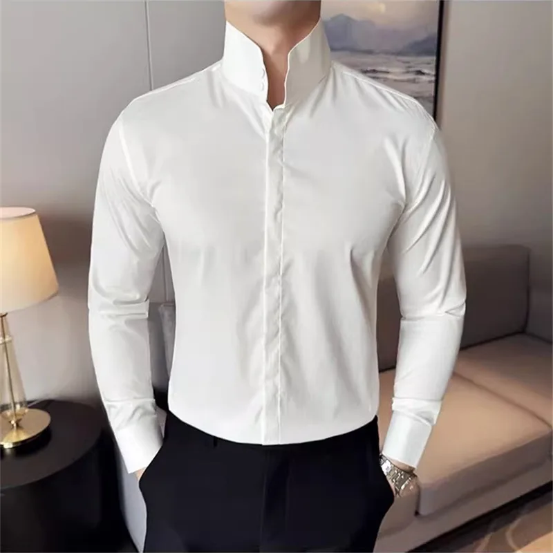 Fashion High collar Shirts Men Spring Autumn Solid Color Long Sleeve Korean Style Smart Casual Shirts Mens Slim Fit Stand Shirt