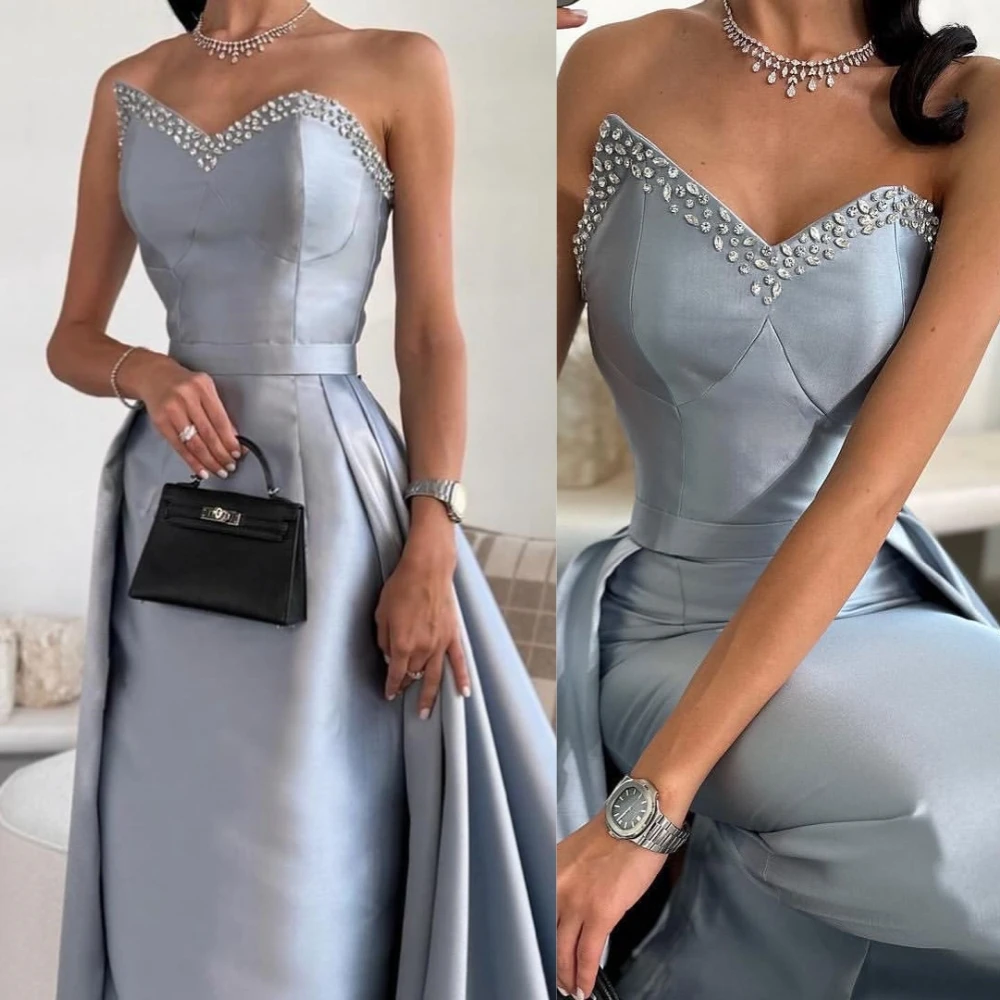 Exquisito vestido de noche de satén con diamantes de imitación para mujer, traje Formal hasta el suelo, escote corazón