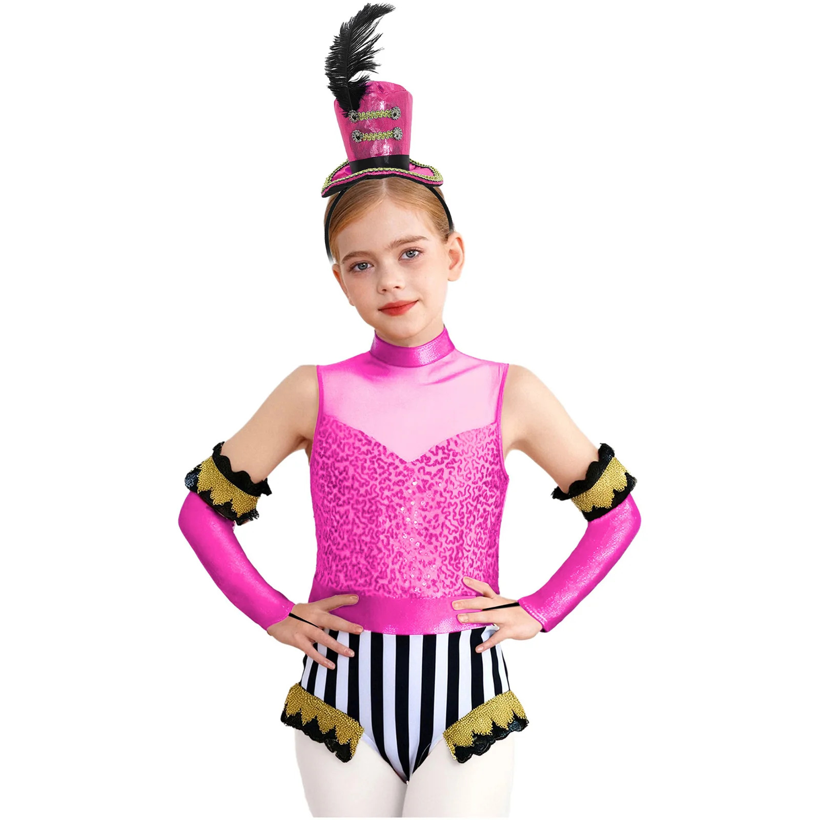 

Kids Girls Circus Costume Halloween Ringmaster Cosplay Set Jazz Dancewear Sleeveless Mesh Patchwork Sequins Jumpsuit And Sleeves